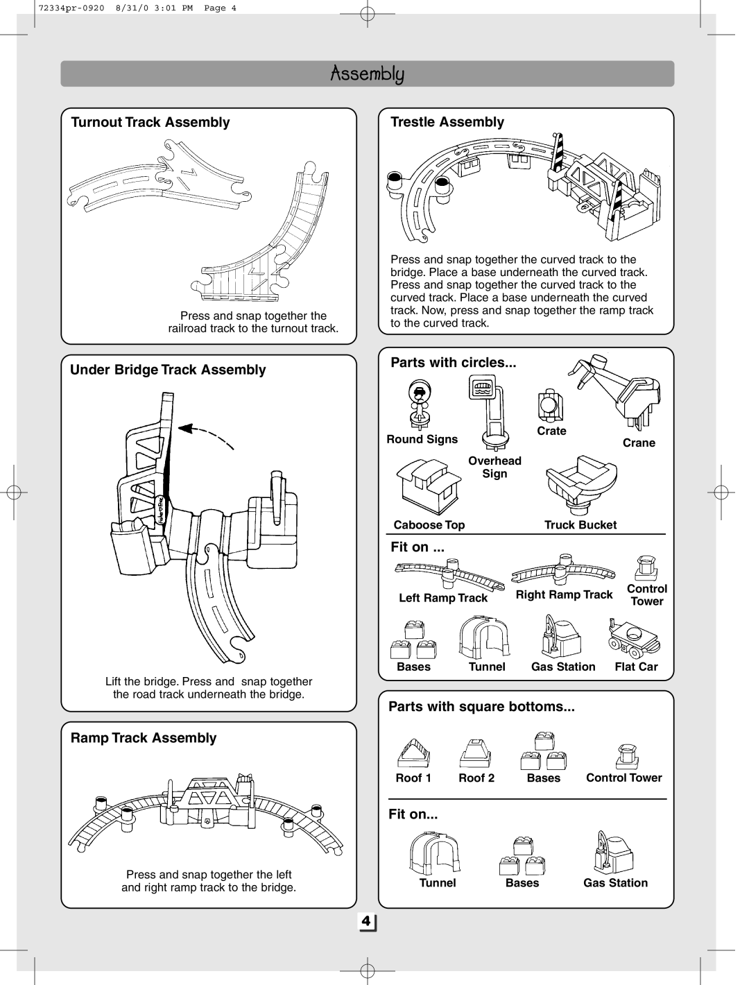 Fisher-Price 72334 manual Turnout Track Assembly, Under Bridge Track Assembly, Ramp Track Assembly Trestle Assembly, Fit on 