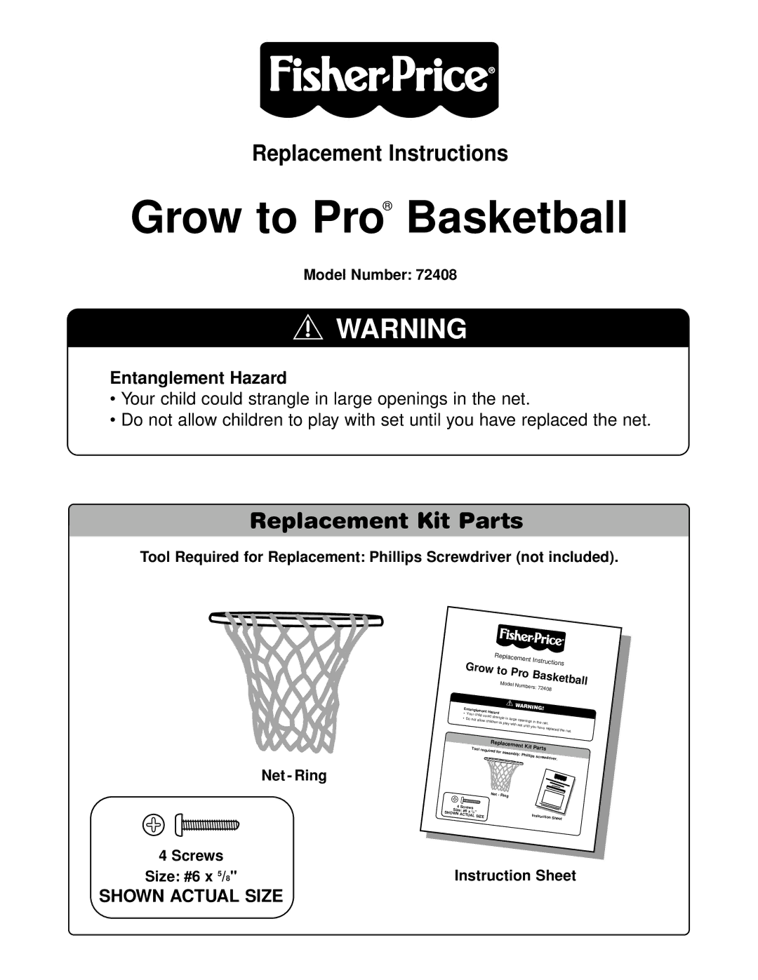 Fisher-Price 72408 instruction sheet Grow to Pro Basketball, Replacement Kit Parts 