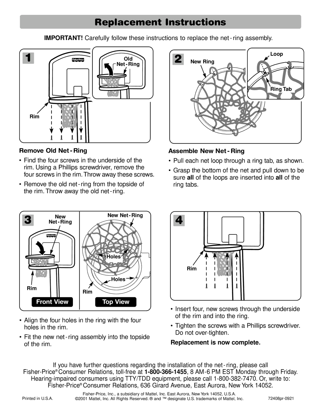 Fisher-Price 72408 instruction sheet Replacement Instructions, Remove Old Net Ring, Assemble New Net Ring 