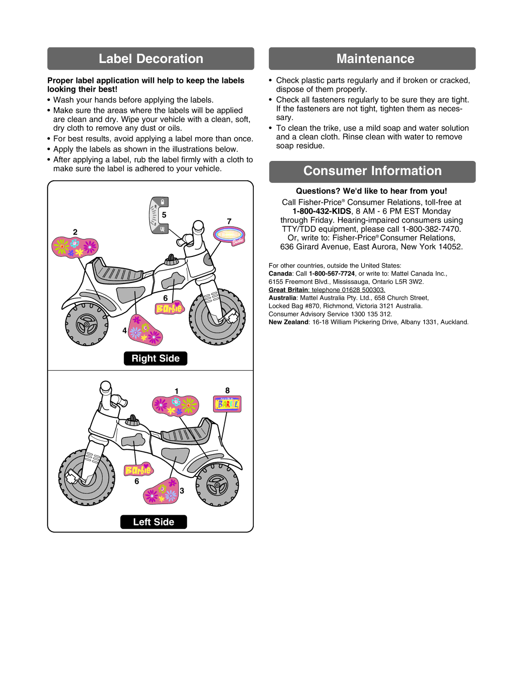 Fisher-Price 72639 instruction sheet Label Decoration Maintenance, Consumer Information, Right Side Left Side 