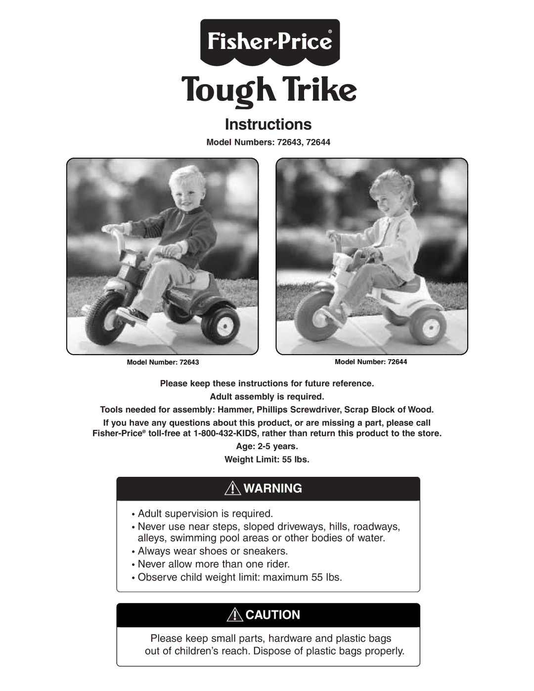 Fisher-Price 72644 manual Tough Trike, Model Numbers 72643 