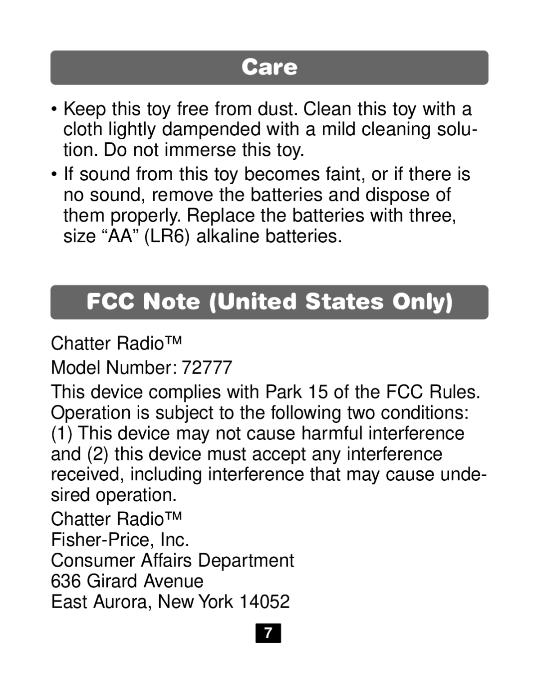 Fisher-Price 72777 manual Care, FCC Note United States Only 