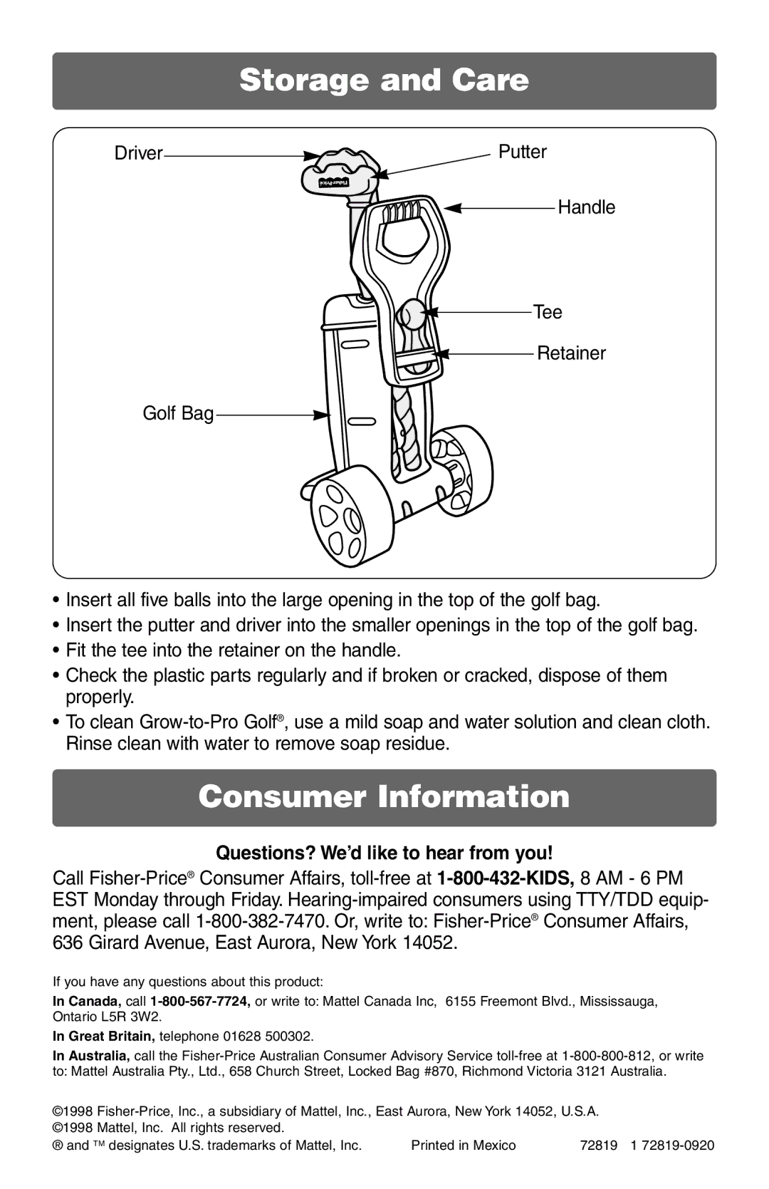 Fisher-Price 72819 manual Storage and Care, Consumer Information 