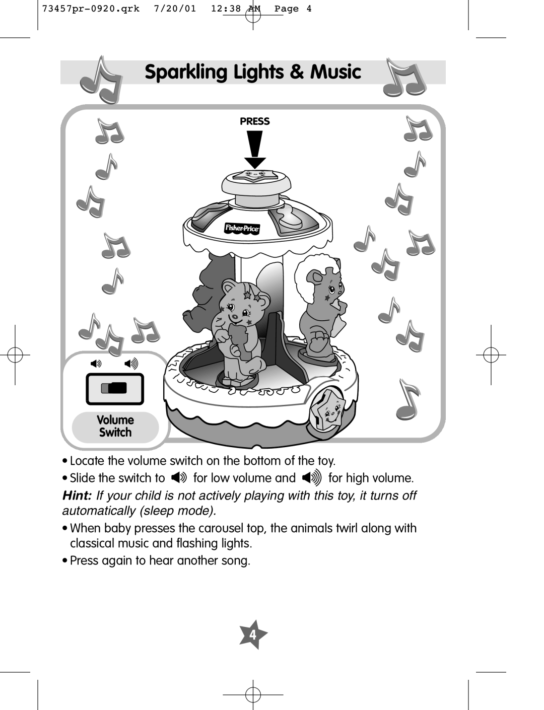 Fisher-Price 73457 instruction sheet Sparkling Lights & Music, Volume Switch 