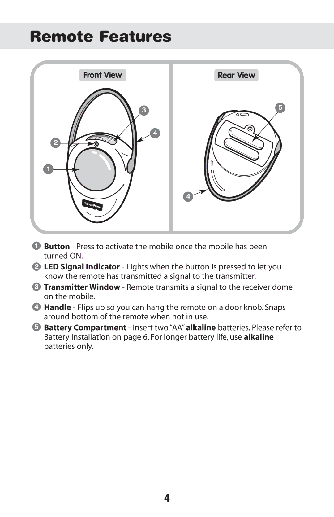 Fisher-Price 73458 instruction sheet Remote Features, Front View Rear View 