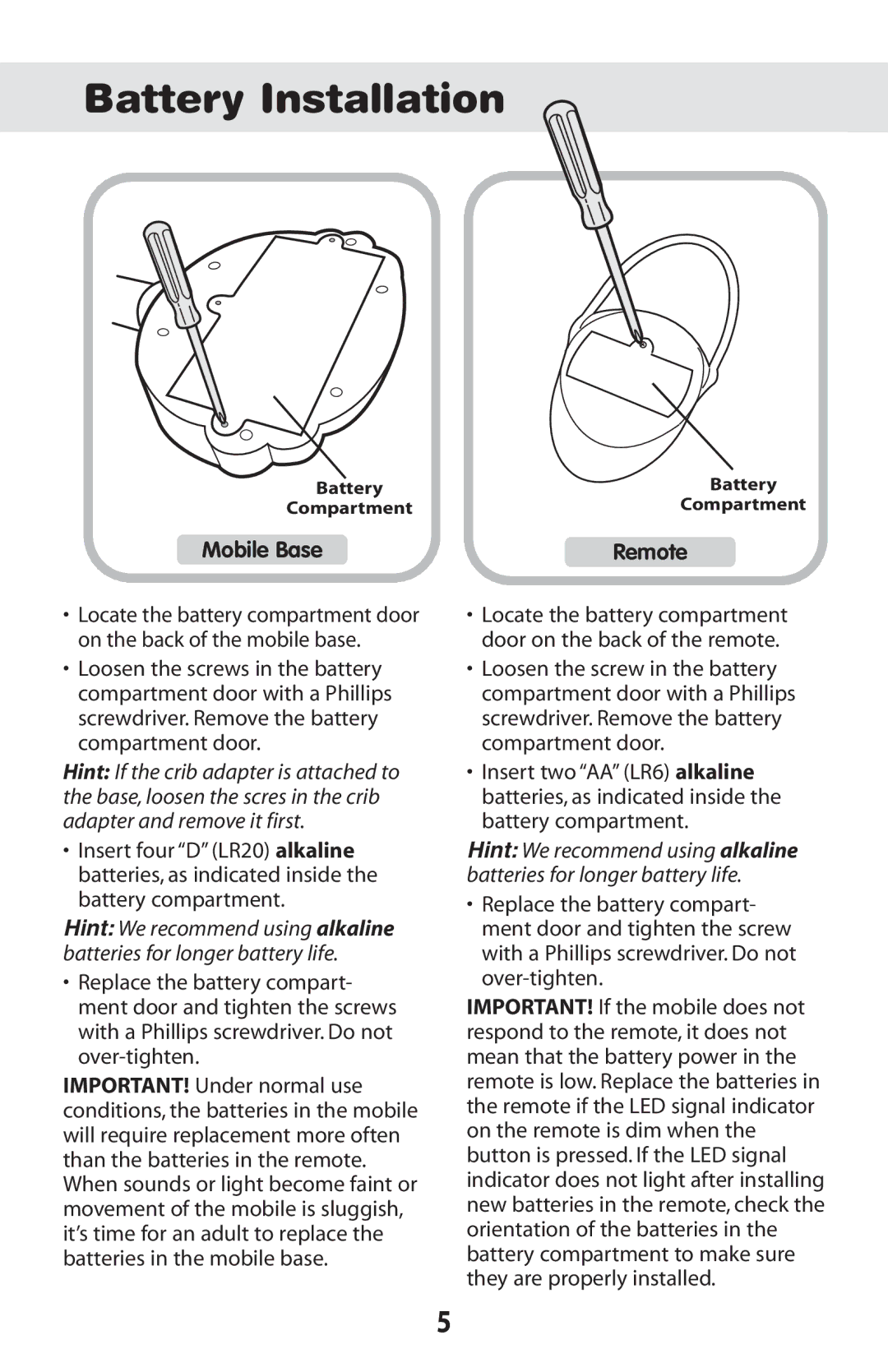 Fisher-Price 73458 instruction sheet Battery Installation, Mobile Base Remote 