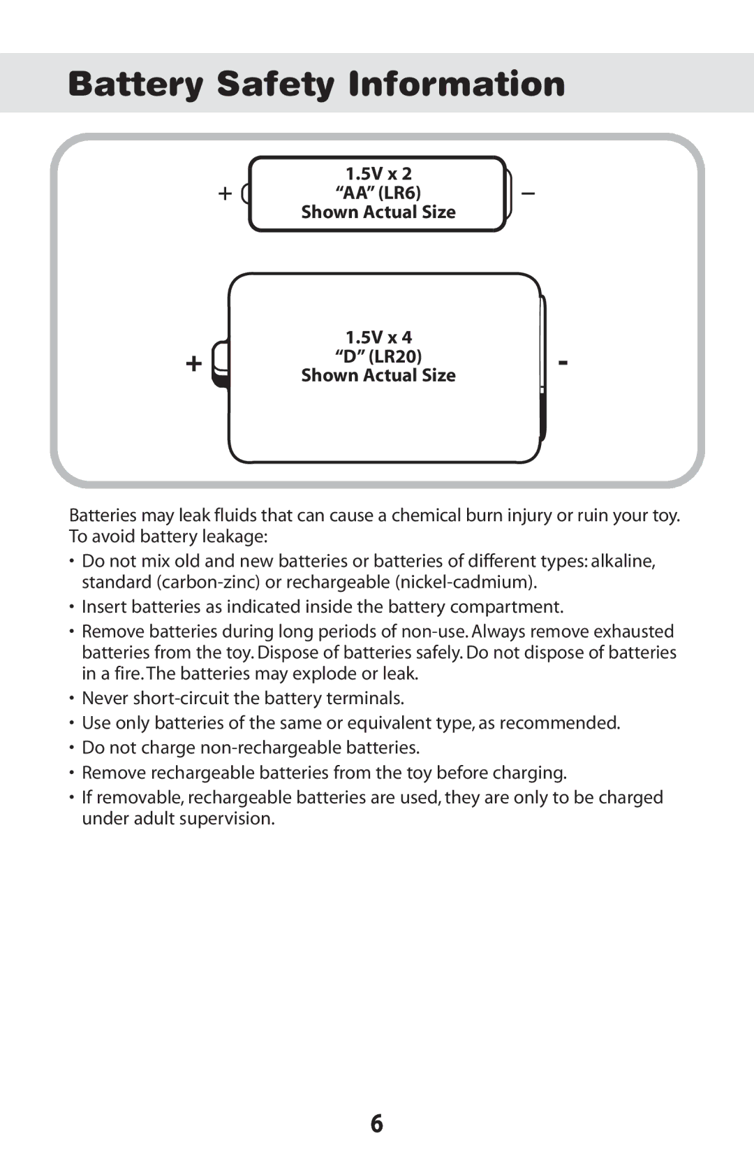 Fisher-Price 73458 instruction sheet BatteryHeader SafetyHere Information, 5V x AA LR6 Shown Actual Size 