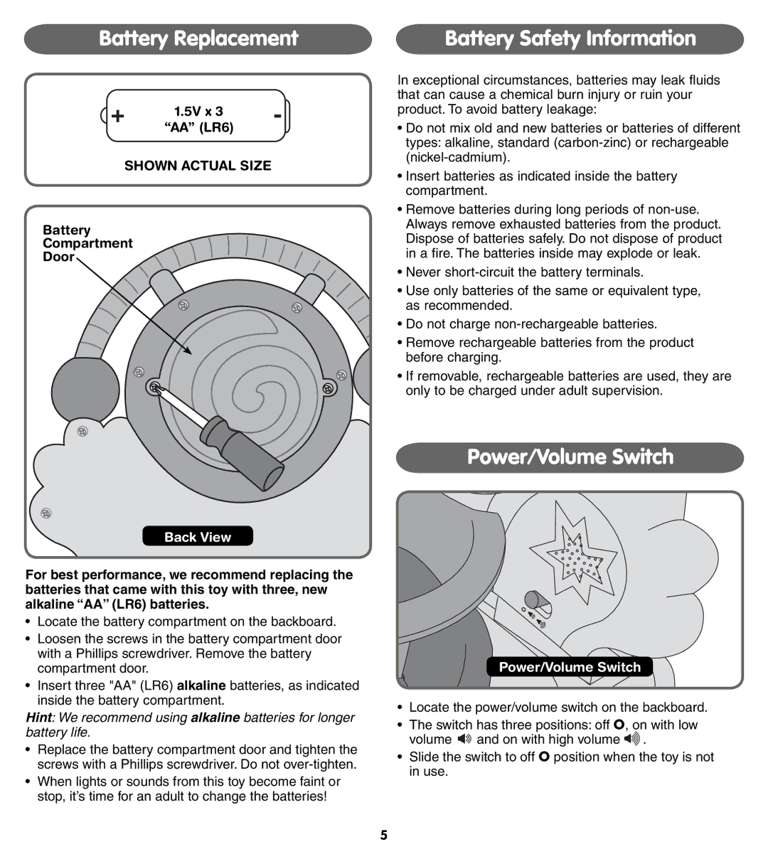 Fisher-Price 73499 instruction sheet Battery Replacement, Battery Safety Information, Power/Volume Switch, Back View 