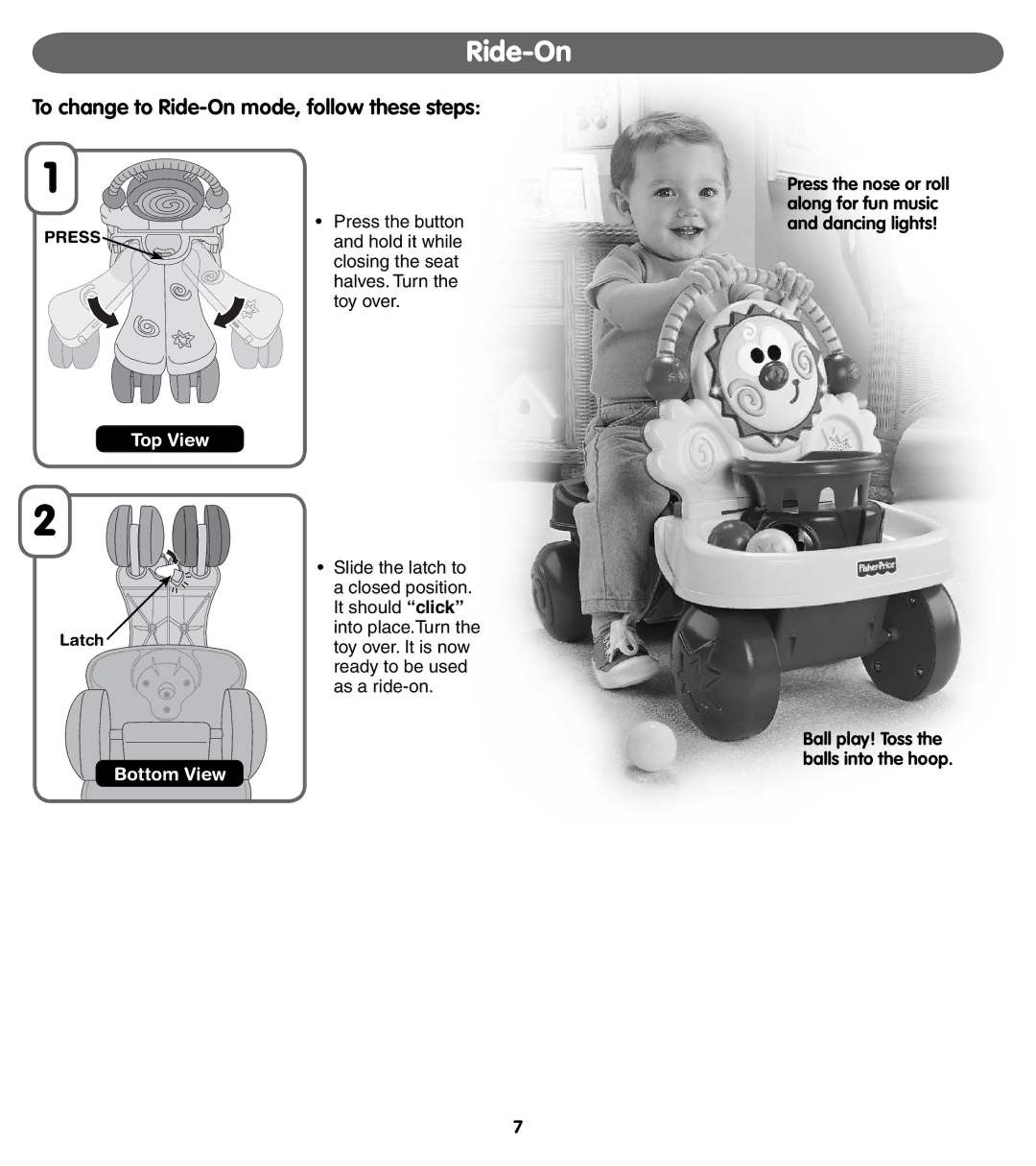 Fisher-Price 73499 instruction sheet To change to Ride-On mode, follow these steps, Top View 