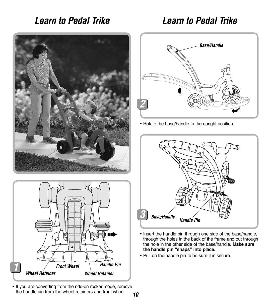 Fisher-Price 73528 instruction sheet Learn to Pedal Trike, Base/Handle Handle Pin, Handle Pin Wheel Retainer 