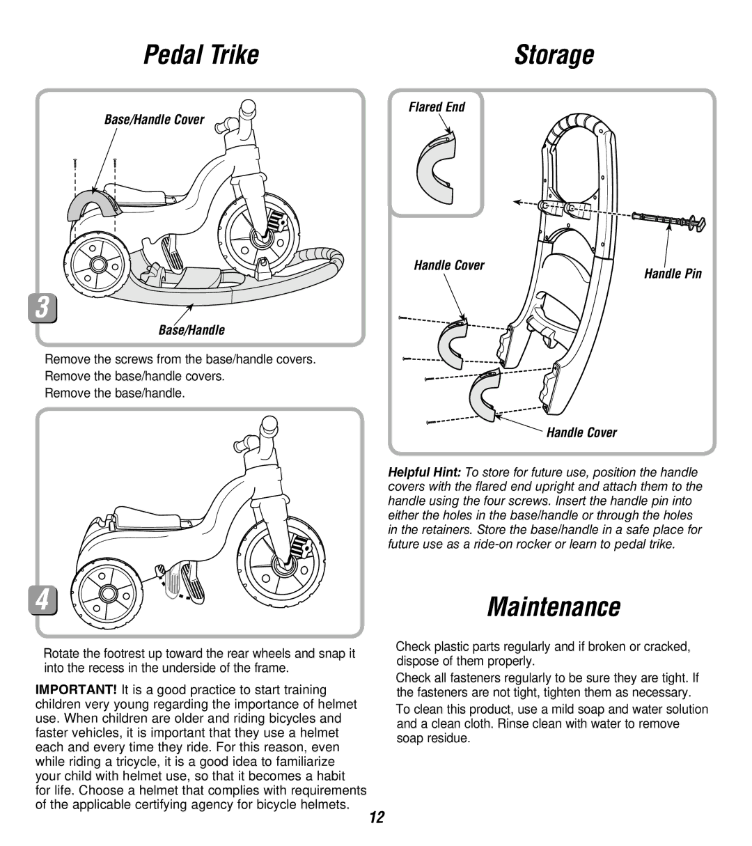 Fisher-Price 73528 instruction sheet Maintenance, Storage, Base/Handle Cover, Flared End Handle Cover Handle Pin 