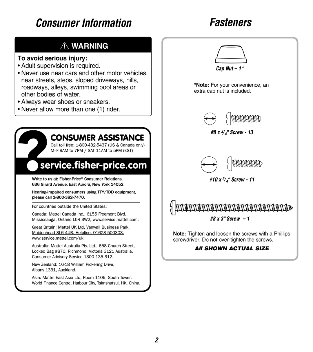 Fisher-Price 73528 instruction sheet Consumer Information, Fasteners 