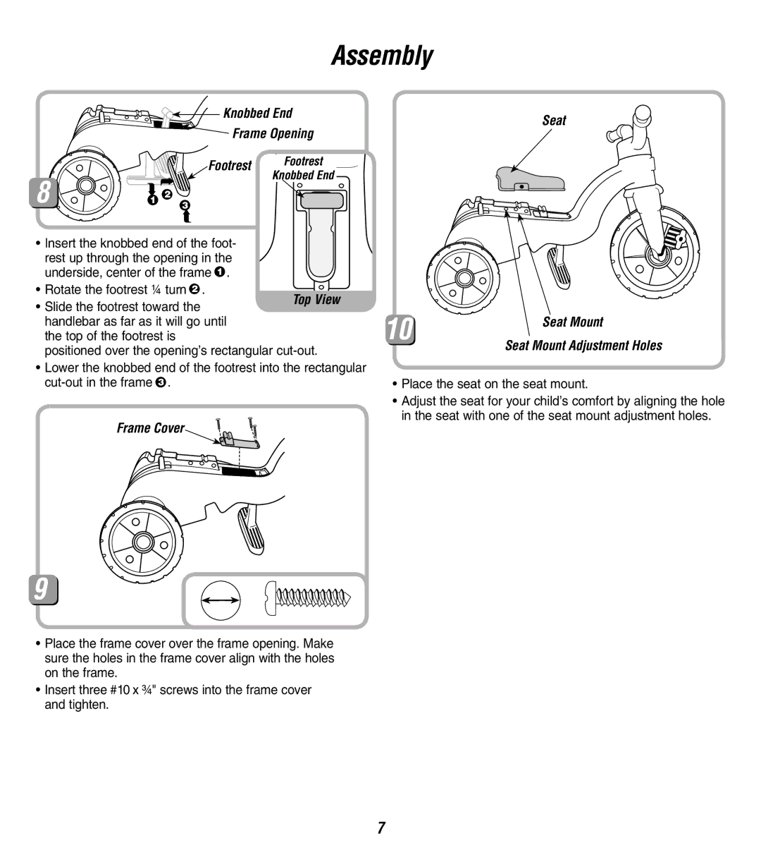 Fisher-Price 73528 instruction sheet Footrest, Frame Cover Seat Seat Mount 