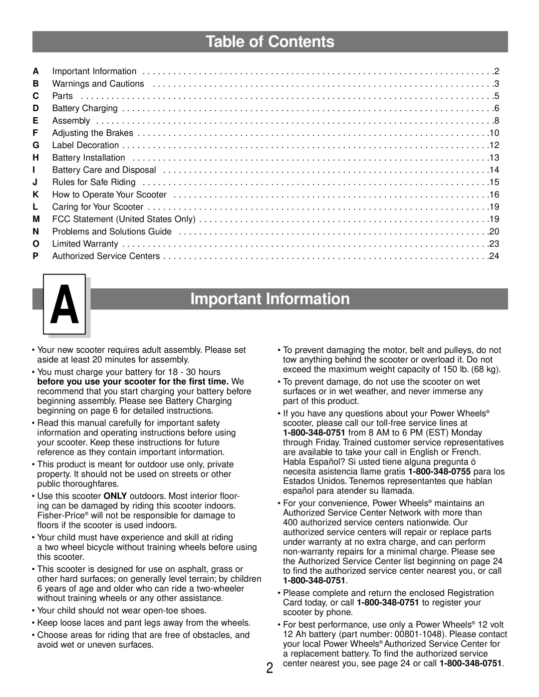 Fisher-Price 73530 owner manual Important Information, Table of Contents 