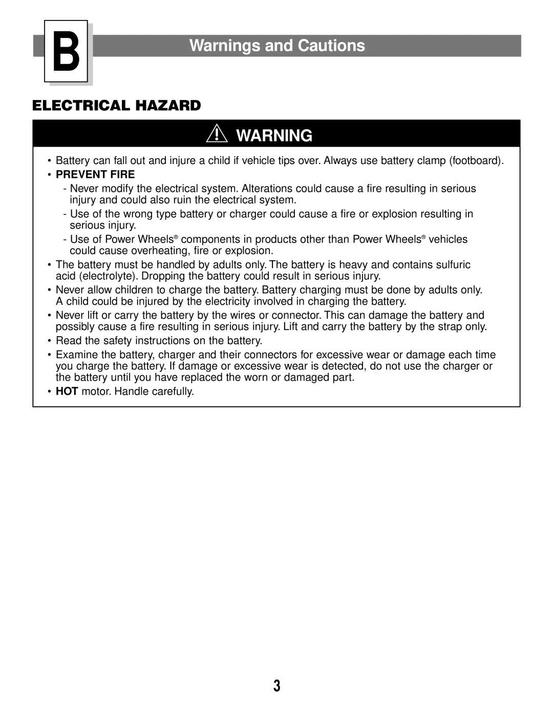 Fisher-Price 73530 owner manual Electrical Hazard 