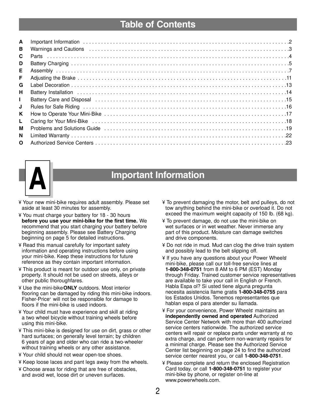 Fisher-Price 73535 owner manual Important Information, Table of Contents 