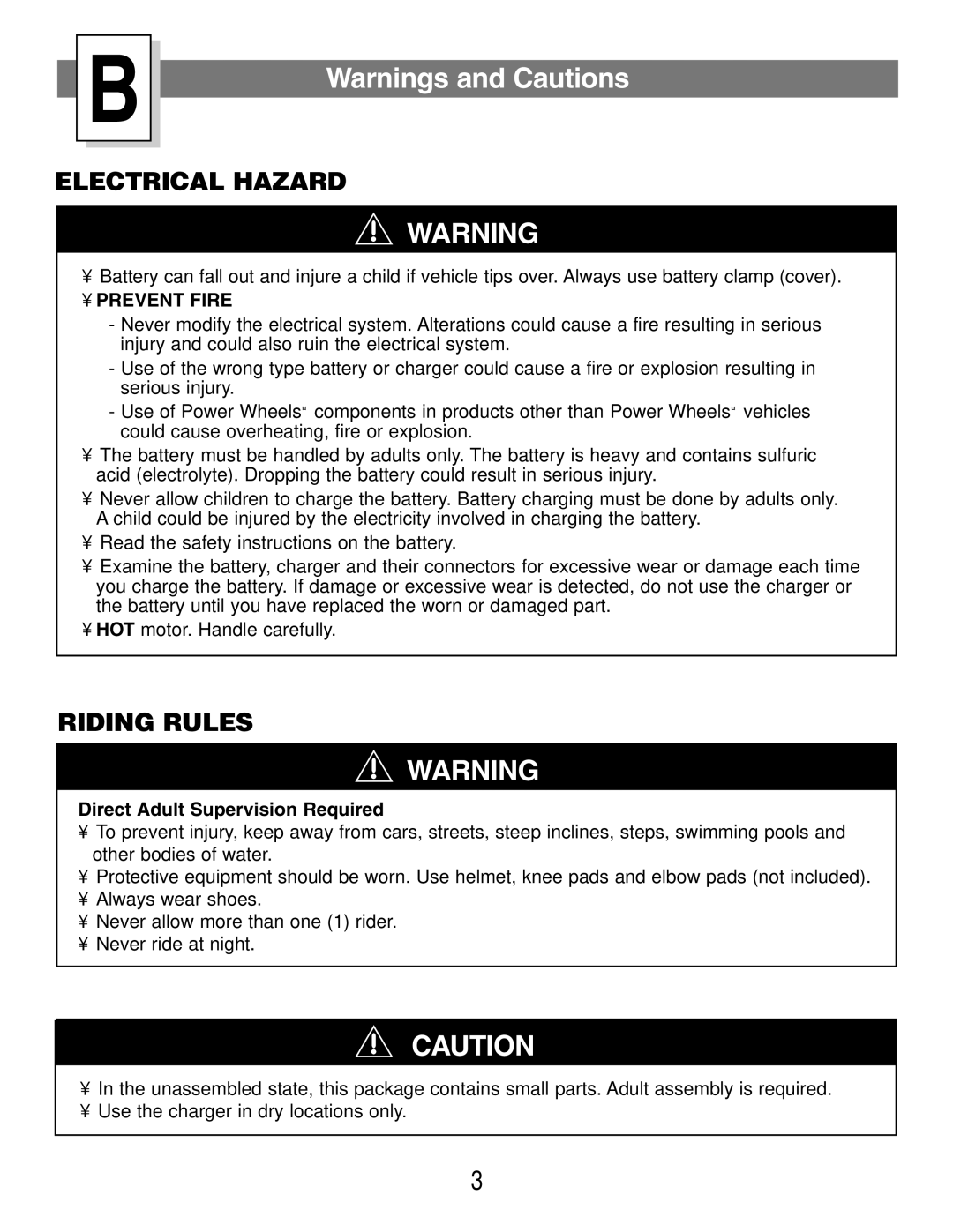 Fisher-Price 73535 owner manual Electrical Hazard 