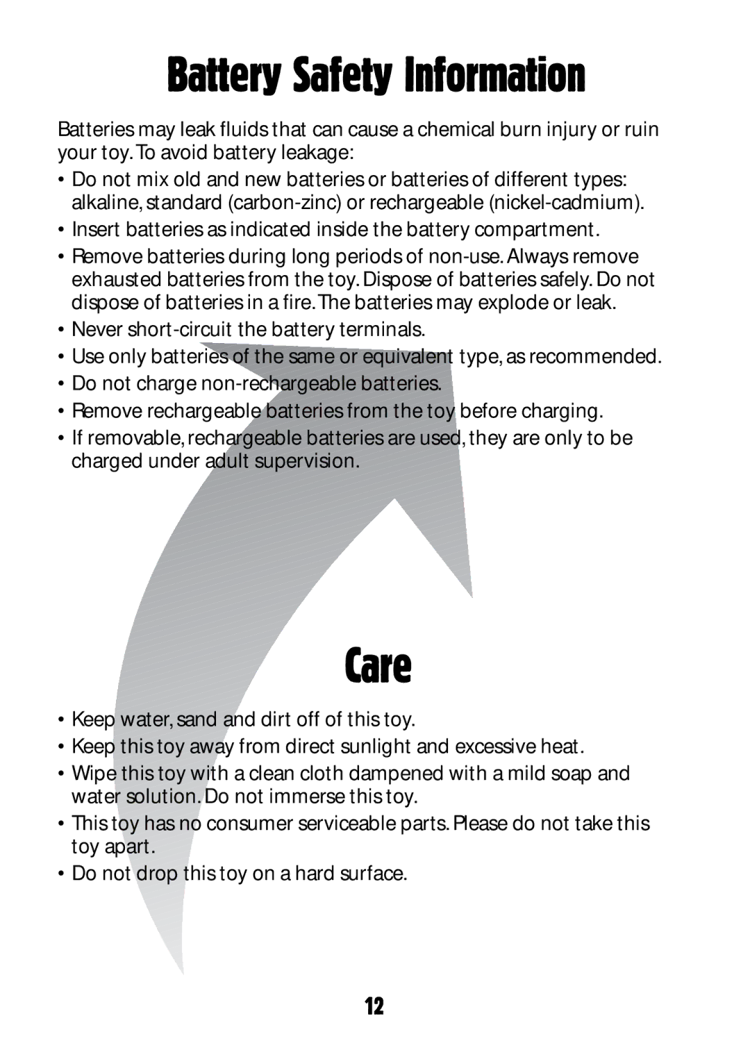 Fisher-Price 73974B-0920 owner manual Battery Safety Information, Care 