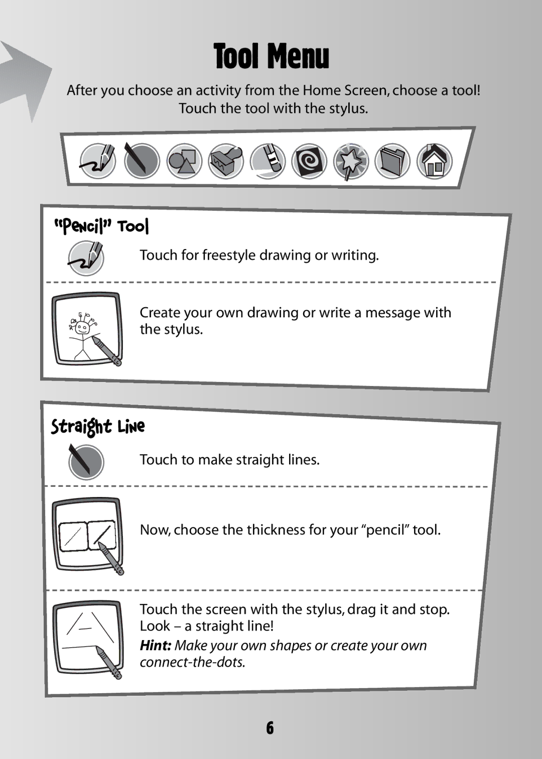 Fisher-Price 73974B-0920 owner manual Tool Menu, Pencil Tool, Straight Line 