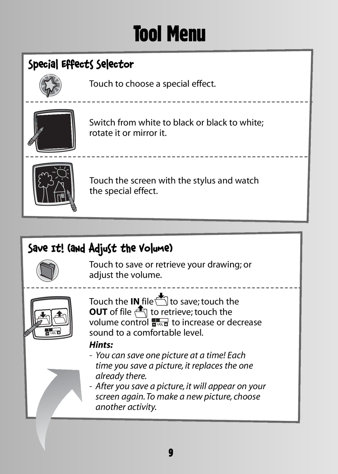 Fisher-Price 73974B-0920 owner manual Special Effects Selector, Save It! and Adjust the Volume 