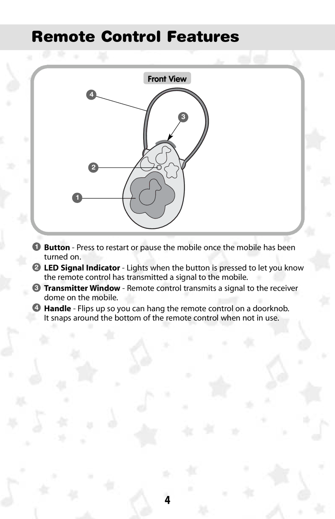 Fisher-Price 74120 instruction sheet Remote Control Features, Front View 