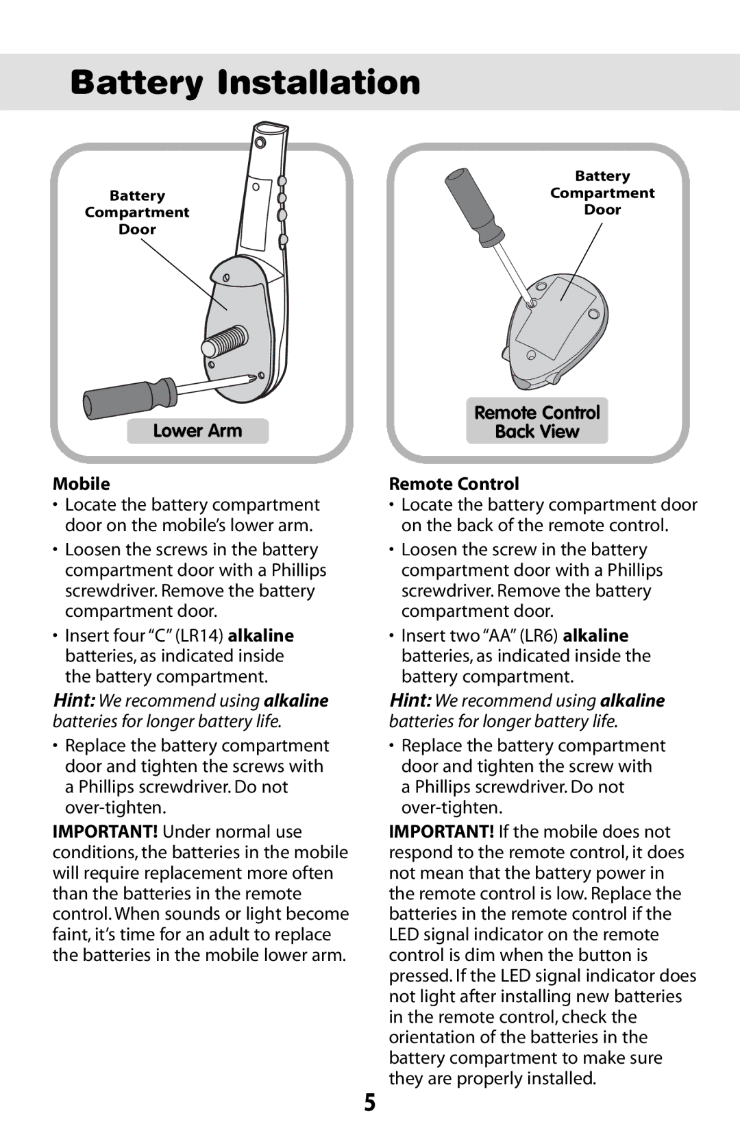 Fisher-Price 74120 instruction sheet Battery Installation, Lower Arm Mobile, Remote Control Back View 