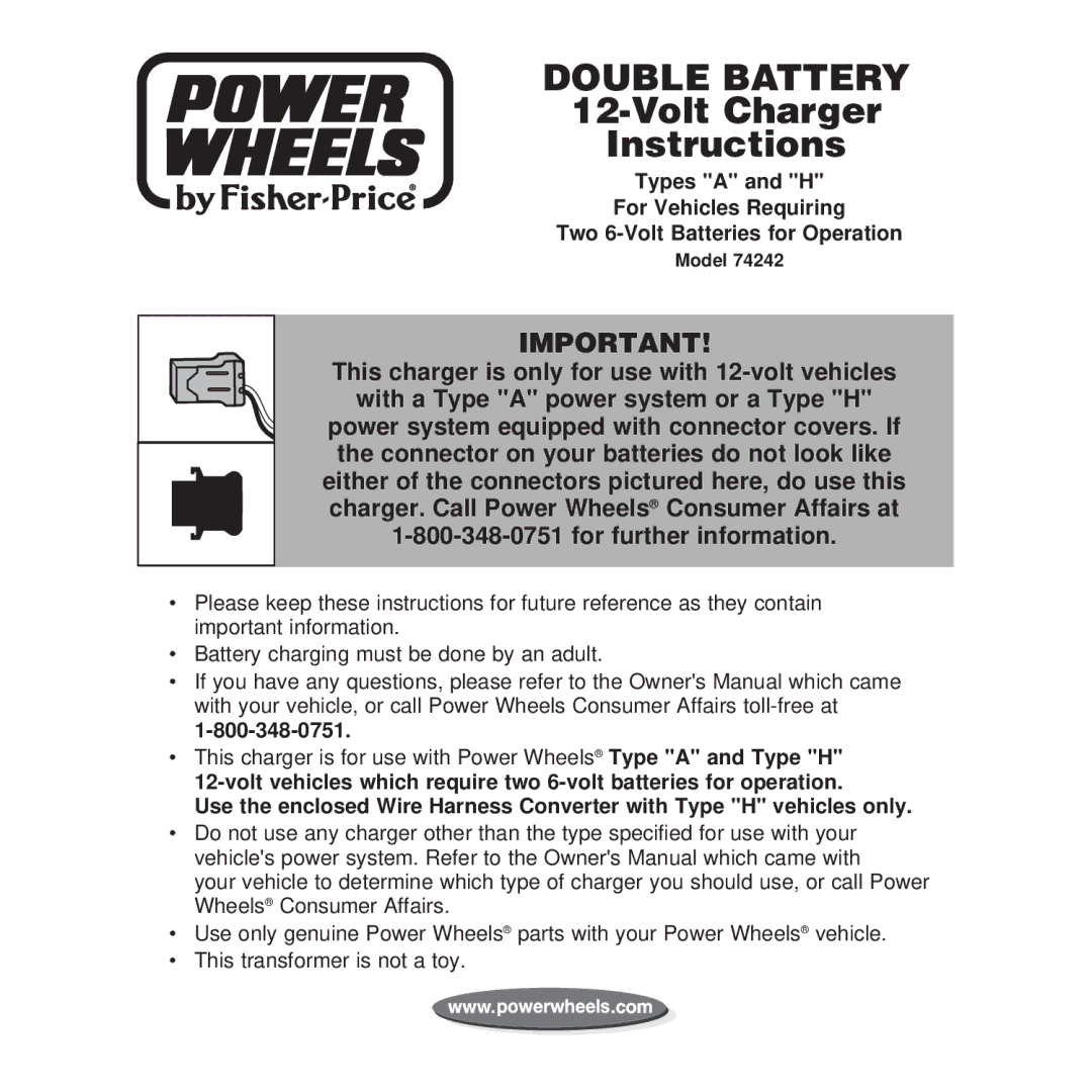 Fisher-Price 74242 owner manual Double Battery 