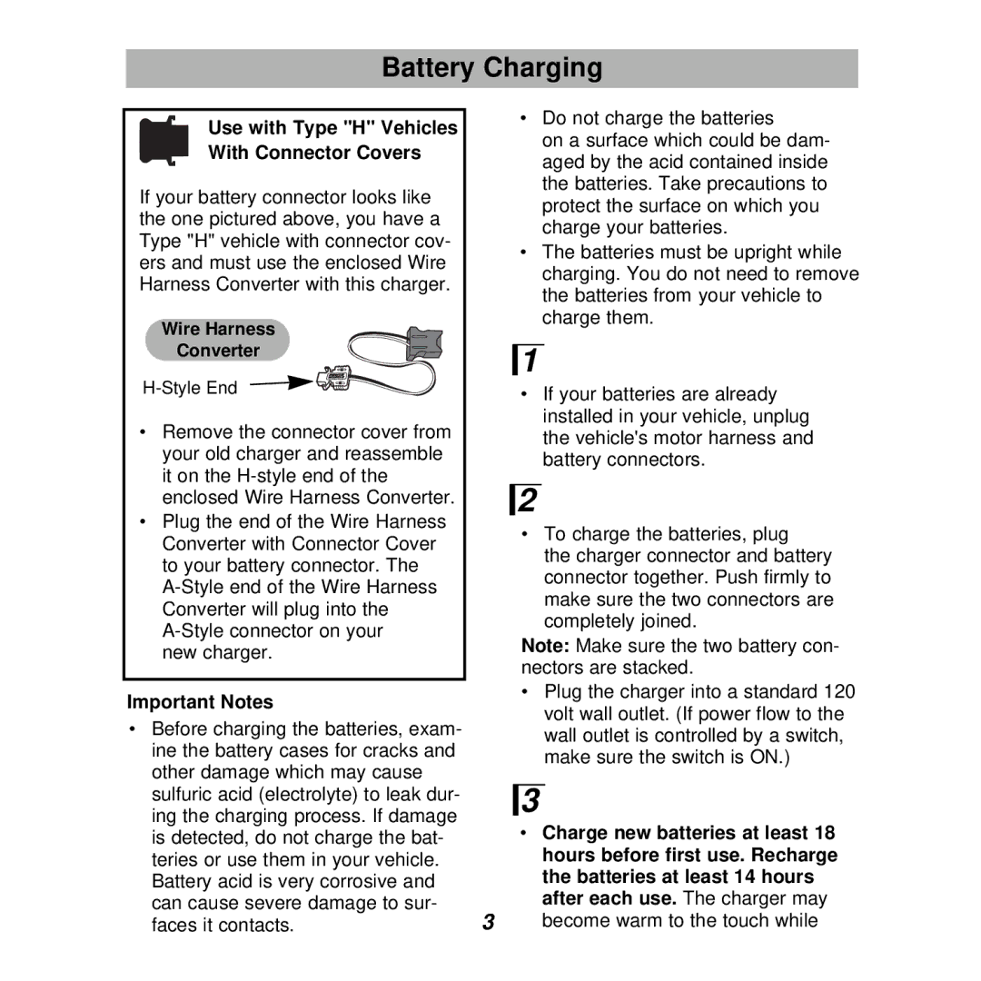 Fisher-Price 74242 owner manual Battery Charging, Use with Type H Vehicles With Connector Covers 