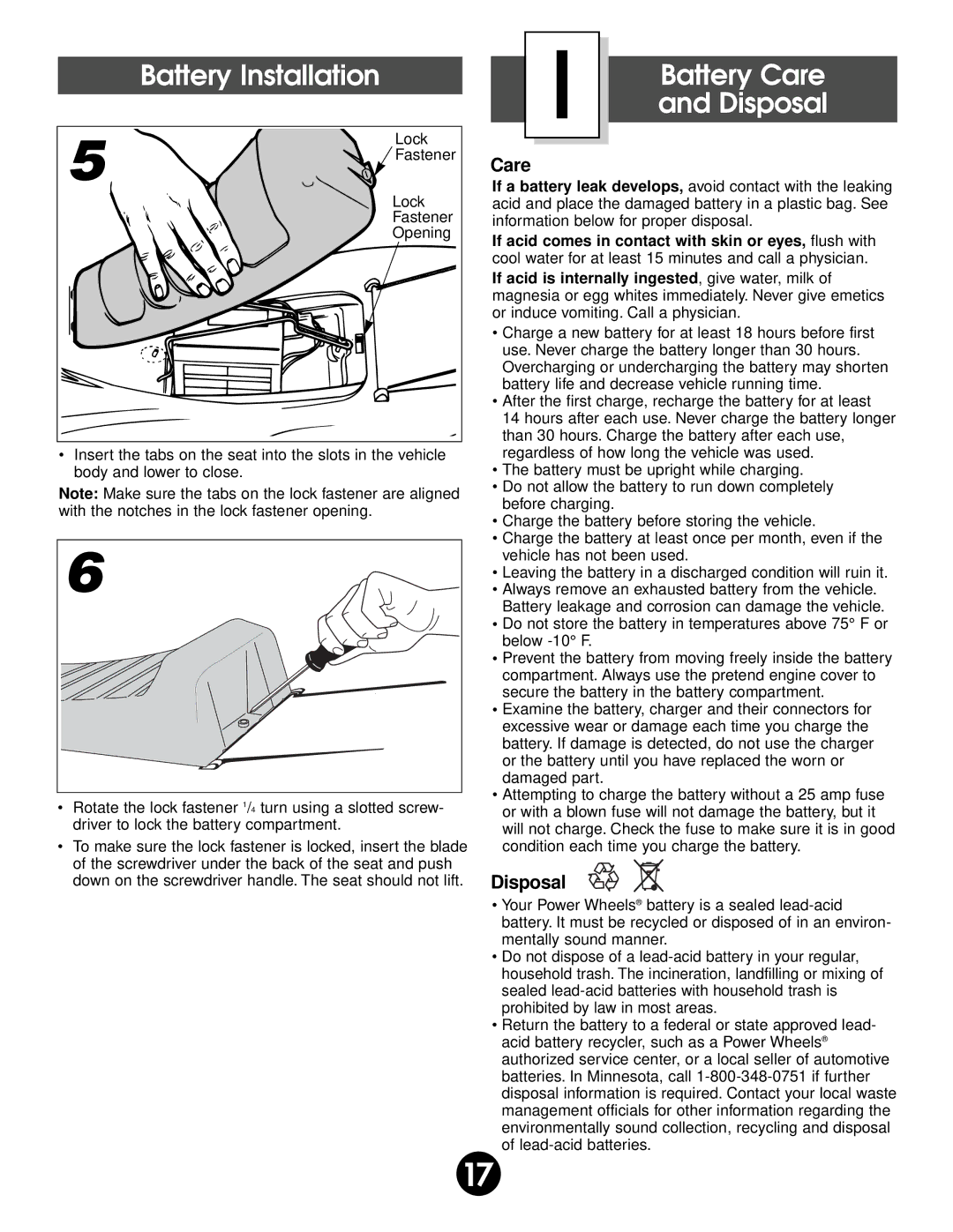 Fisher-Price 74518 owner manual Battery Care, Disposal 