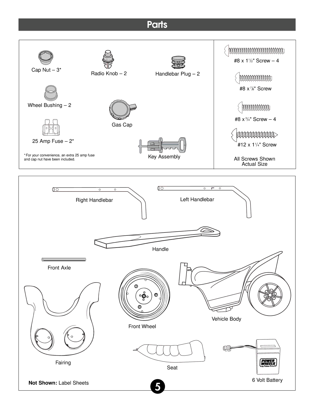 Fisher-Price 74518 owner manual Cap Nut Radio Knob Wheel Bushing Gas Cap Amp Fuse 