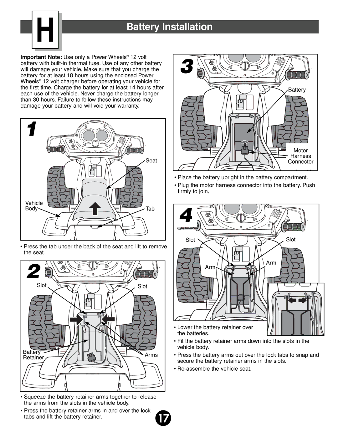 Fisher-Price 74527 owner manual Battery Installation, Tabs and lift the battery retainer 