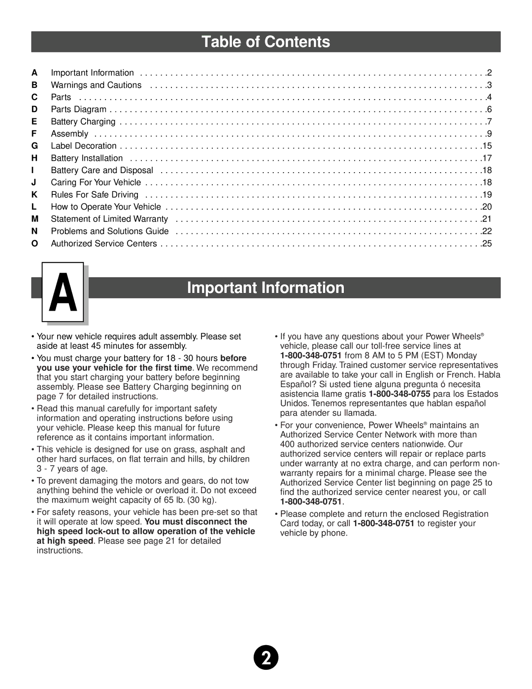 Fisher-Price 74527 owner manual Table of Contents, Important Information 