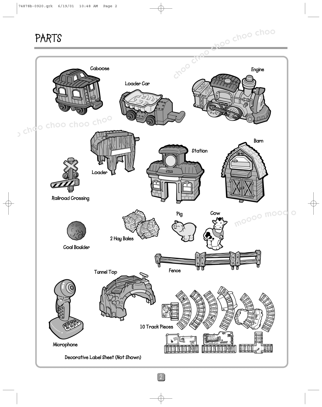 Fisher-Price 74878 instruction sheet Caboose Loader Car Engine, Barn, Microphone, Decorative Label Sheet Not Shown 