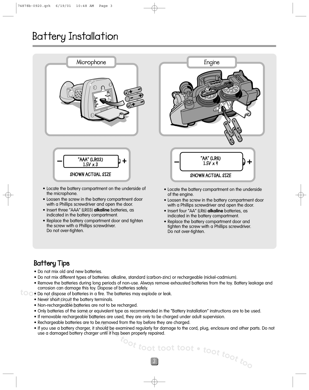 Fisher-Price 74878 instruction sheet Battery Installation, AAA LR03 5V x, AA LR6 5V x 