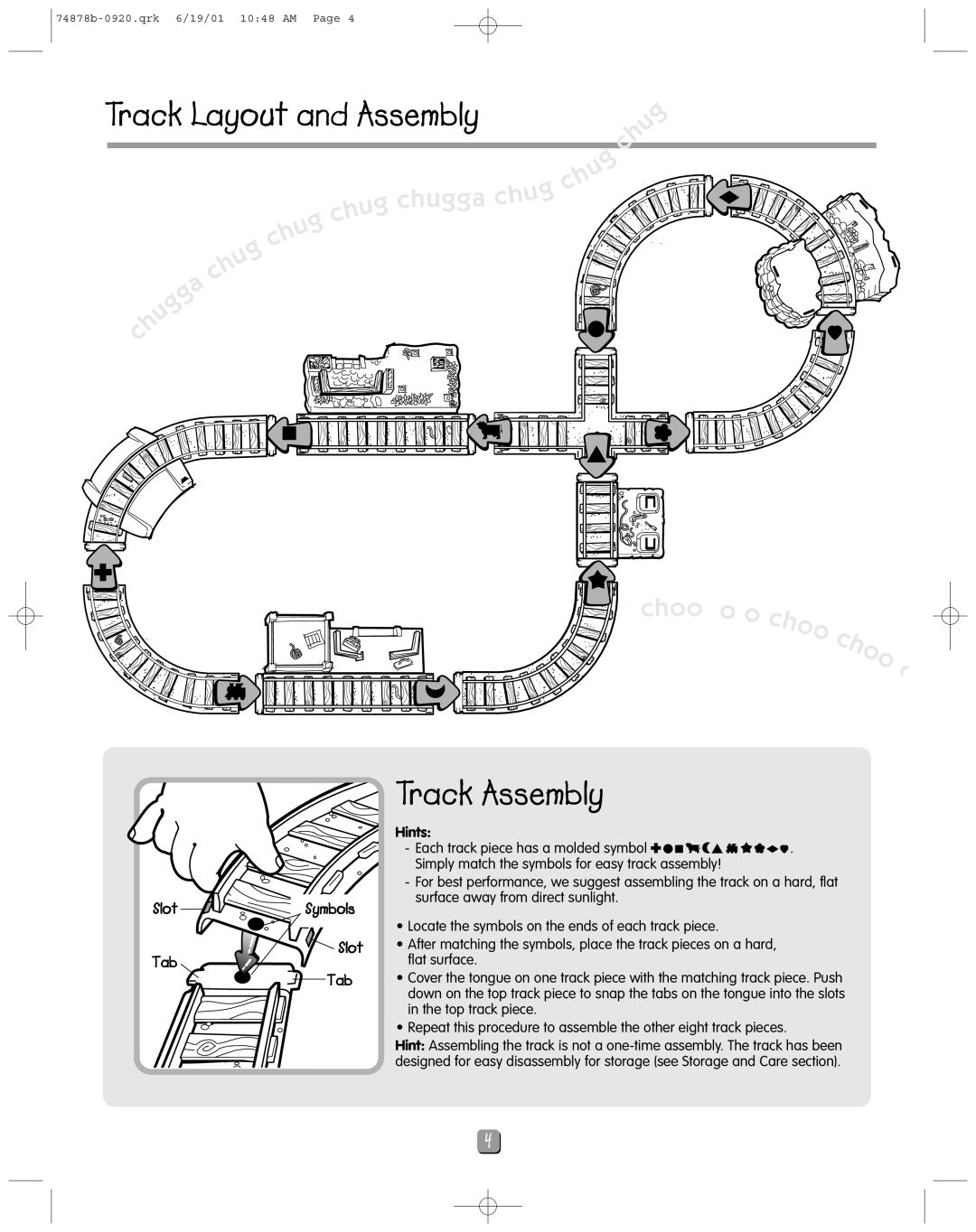 Fisher-Price 74878 instruction sheet Track Layout and Assembly, Track Assembly, SlotSymbols Tab 