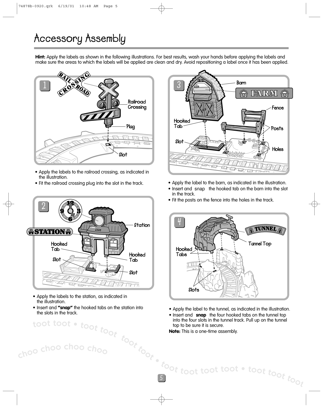 Fisher-Price 74878 instruction sheet Accessory Assembly, Railroad Crossing Plug Slot, Station Hooked Tab Slot 