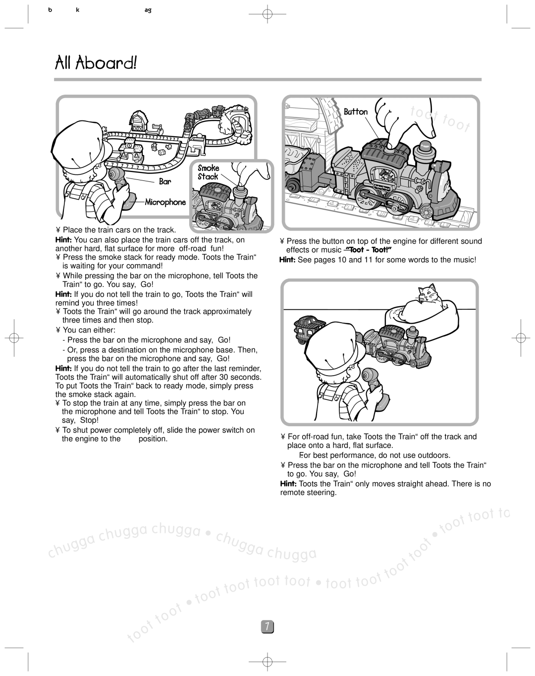 Fisher-Price 74878 instruction sheet All Aboard, Bar Button Smoke Stack Microphone 