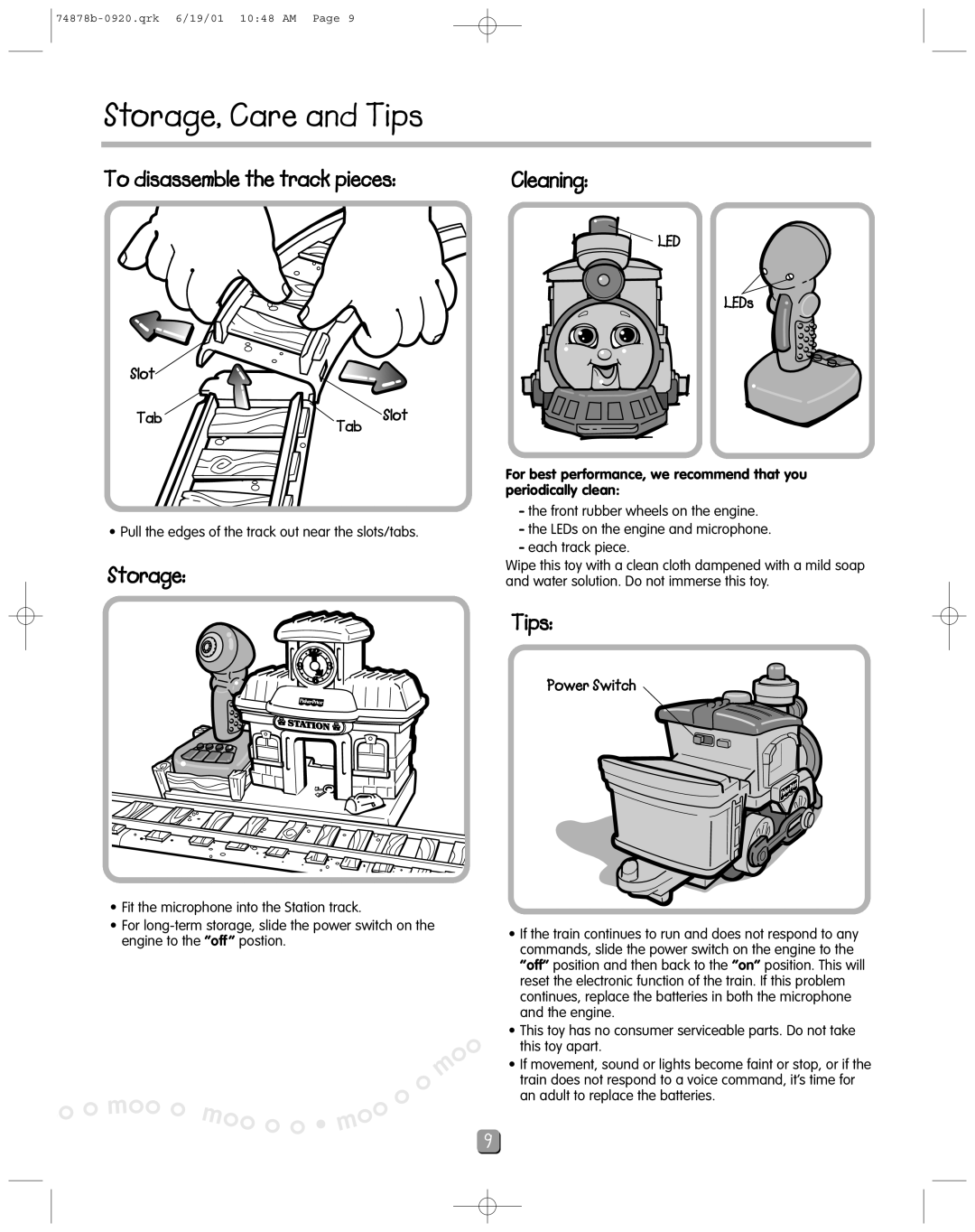 Fisher-Price 74878 instruction sheet Storage, Care and Tips, Slot Tab, LEDs 