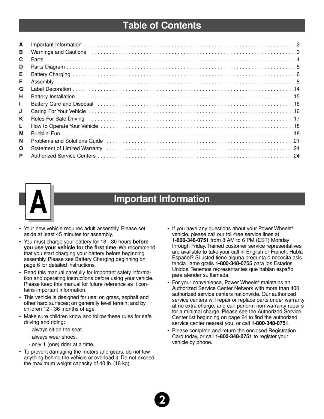 Fisher-Price 75320 owner manual Table of Contents, Important Information 