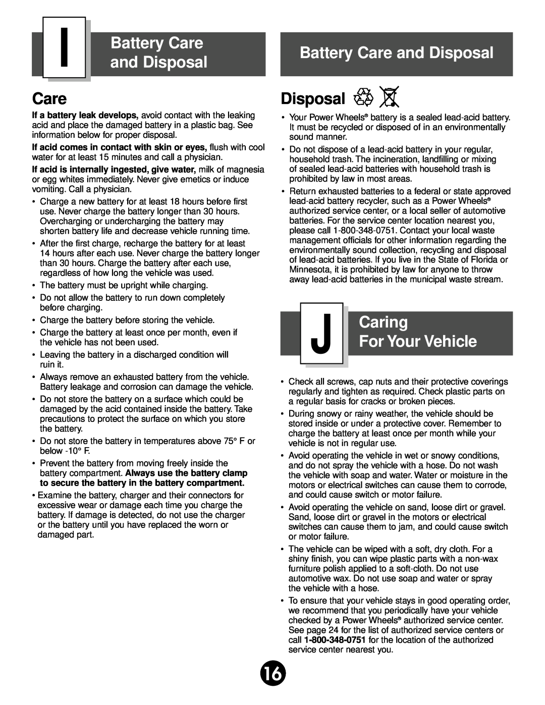 Fisher-Price 75320 owner manual Battery Care and Disposal, Caring, For Your Vehicle 