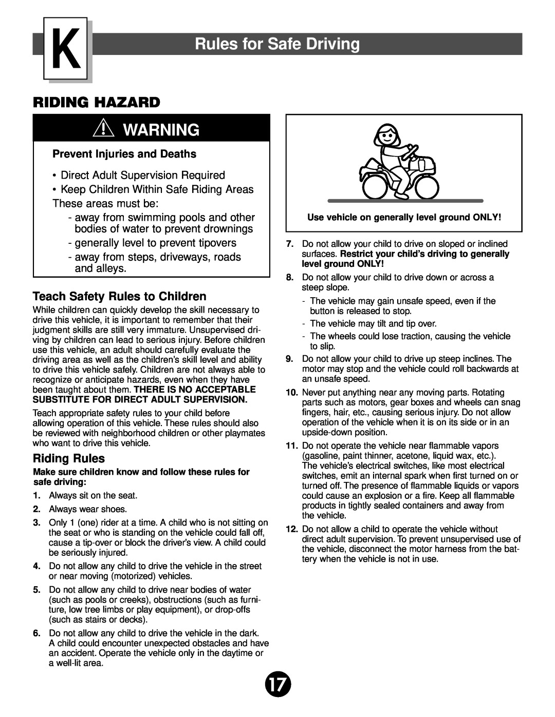 Fisher-Price 75320 Rules for Safe Driving, Keep Children Within Safe Riding Areas These areas must be, Riding Hazard 