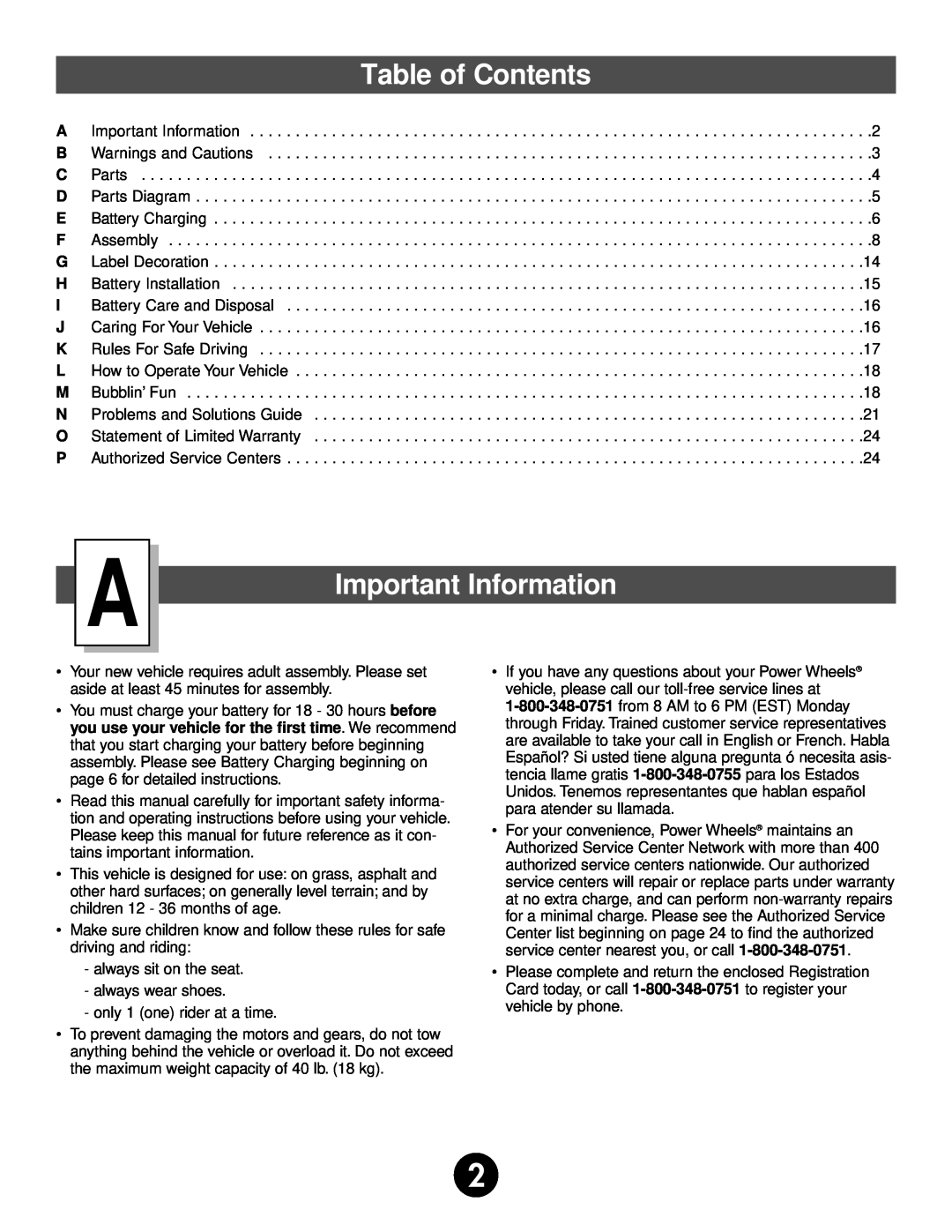 Fisher-Price 75320 owner manual Table of Contents, Important Information 