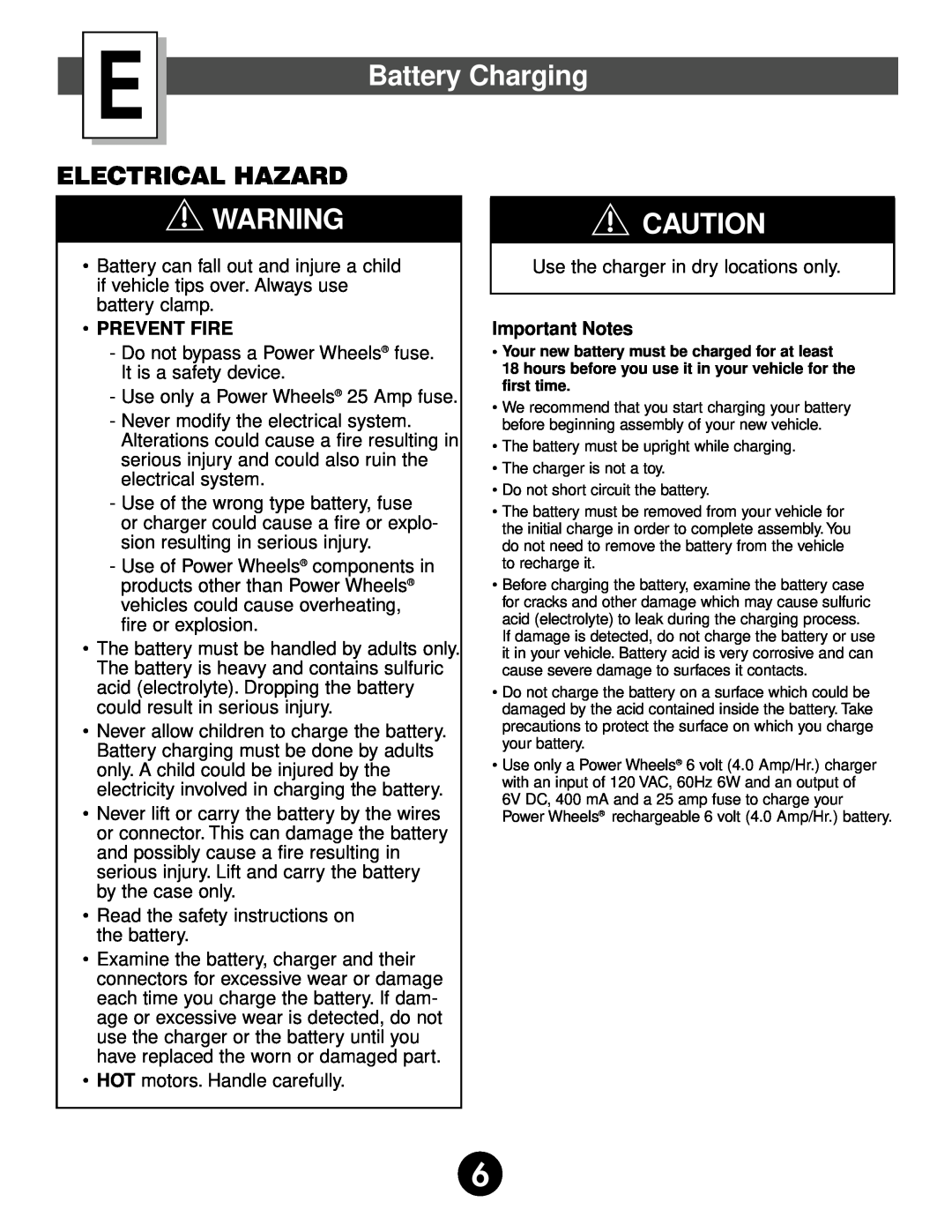 Fisher-Price 75320 owner manual Battery Charging, Important Notes, Electrical Hazard, Prevent Fire 