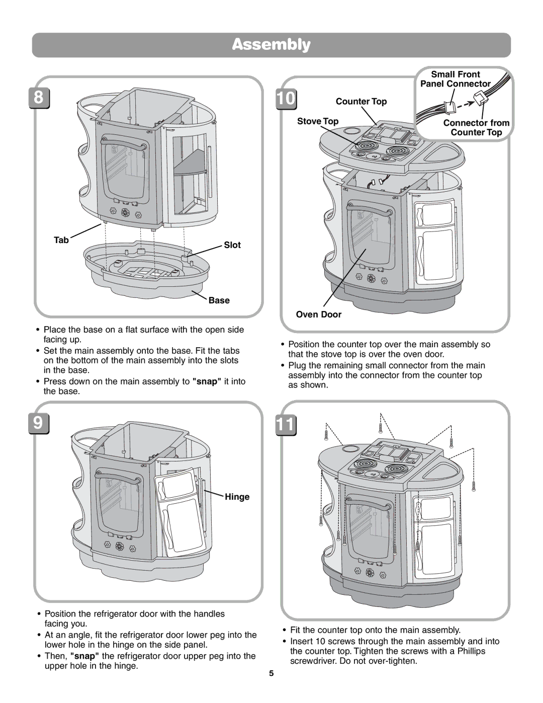 Fisher-Price 75423 instruction sheet Tab Slot Base, Counter Top Stove Top Connector from, Oven Door, Hinge 