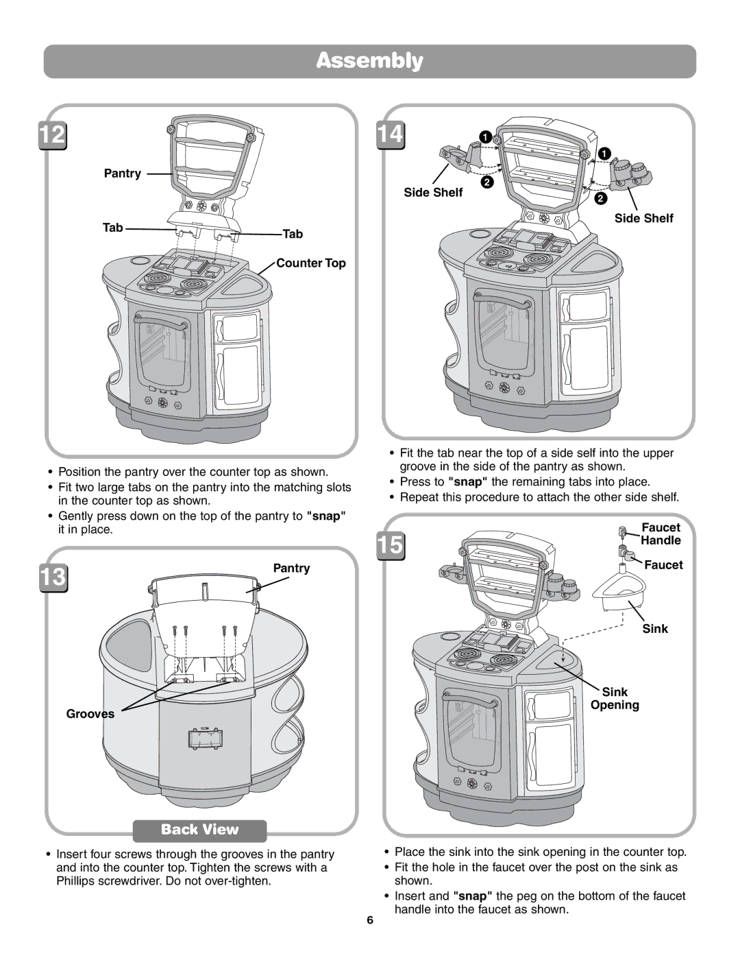 Fisher-Price 75423 instruction sheet Back View, Pantry Side Shelf Tab Counter Top, Grooves, Sink Opening 