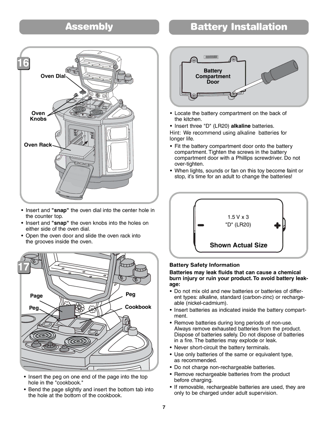 Fisher-Price 75423 Battery Installation, Oven Dial Knobs Oven Rack, Battery Compartment Door, Peg Cookbook 