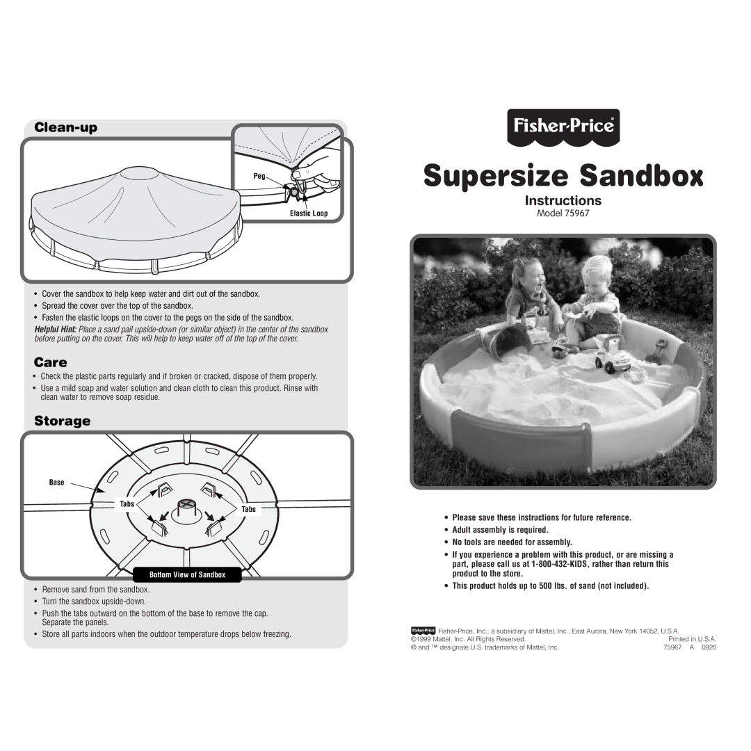 Fisher-Price 75967 manual Supersize Sandbox, Clean-up, Care, Storage, Instructions 