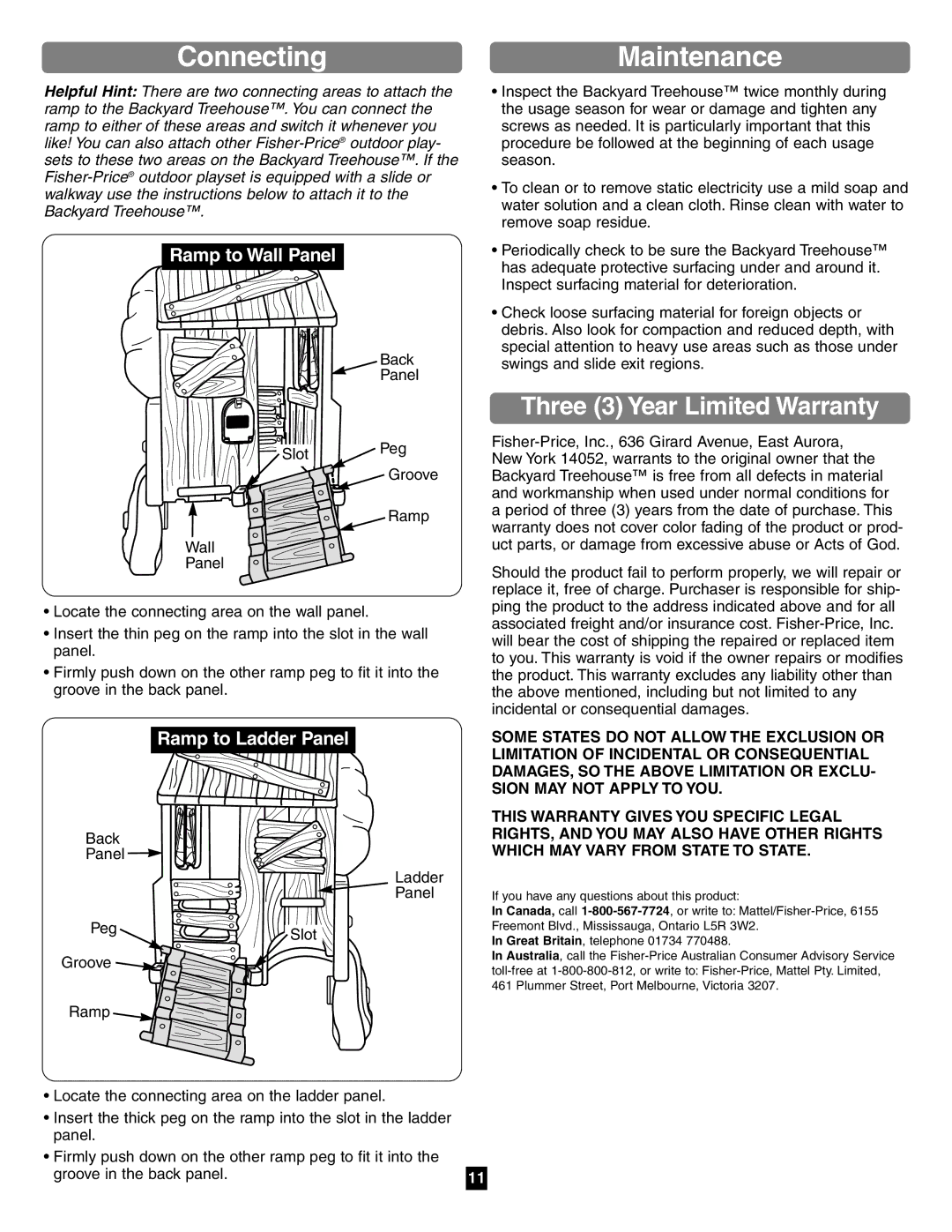 Fisher-Price 75972 manual ConnectingMaintenance, Ramp to Wall Panel, Ramp to Ladder Panel 