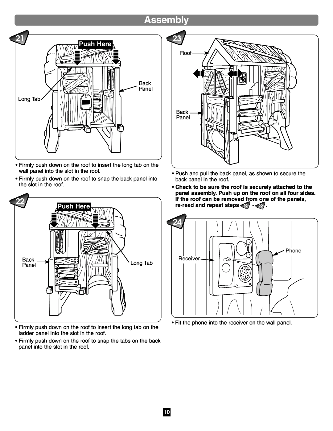 Fisher-Price 75972 manual Assembly, Push Here, If the roof can be removed from one of the panels, re-read and repeat steps 