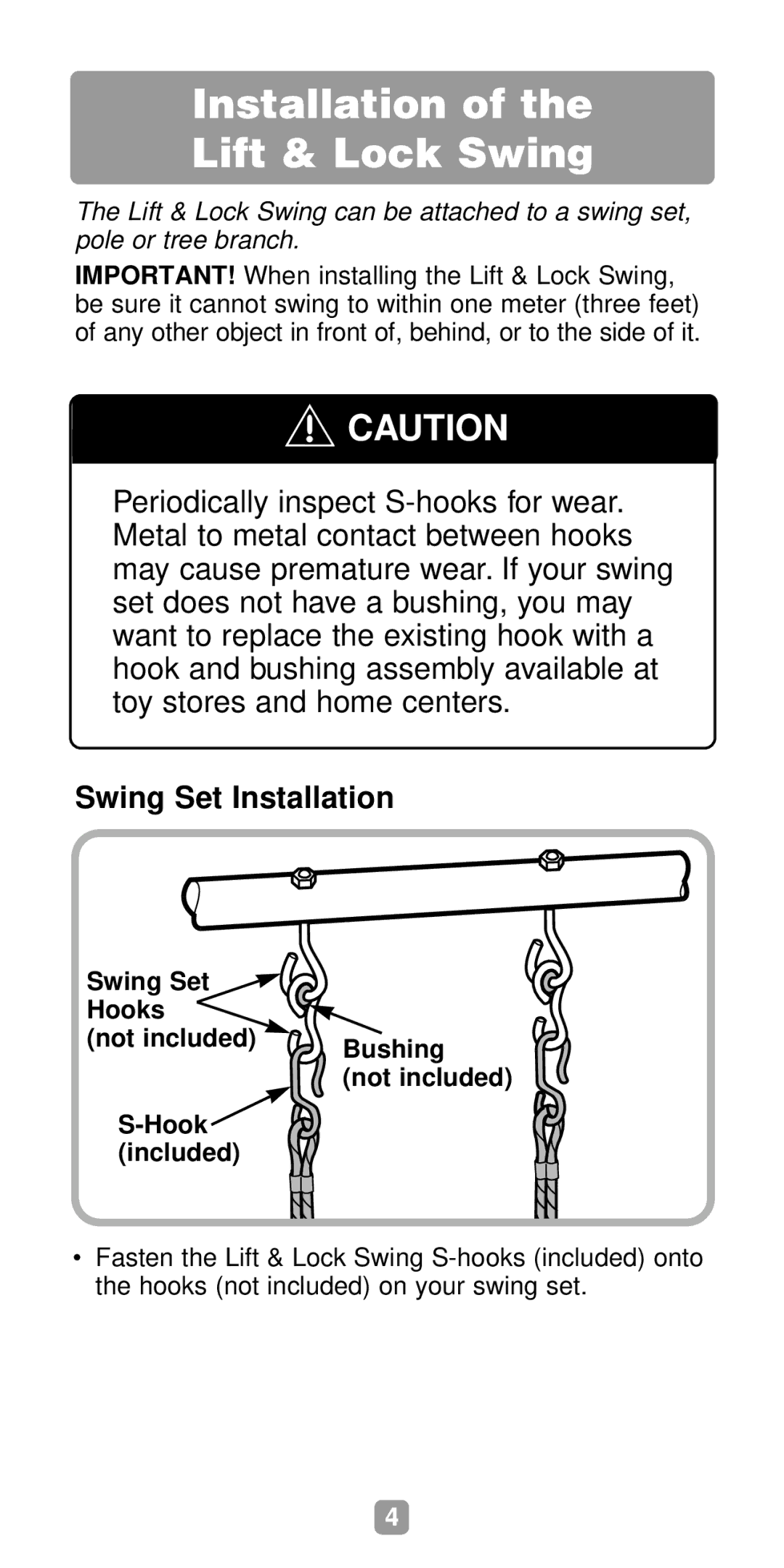 Fisher-Price 75973 manual Installation Lift & Lock Swing, Swing Set Installation 